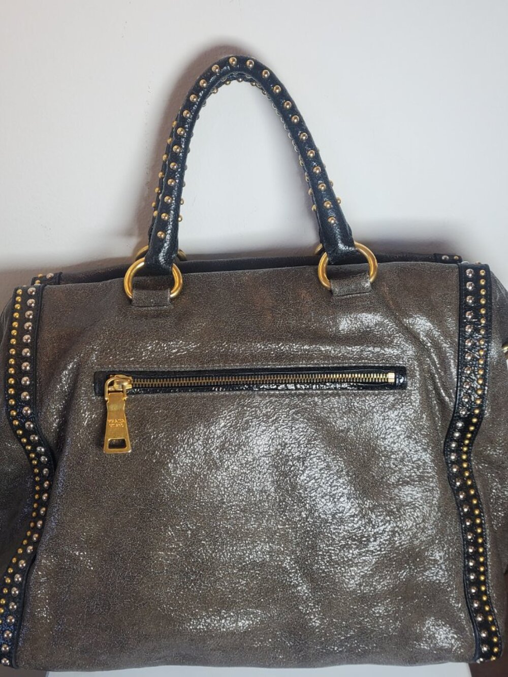 34. Prada Metalic grey studded zip top satchel top handle bag - Picture 3 of 11
